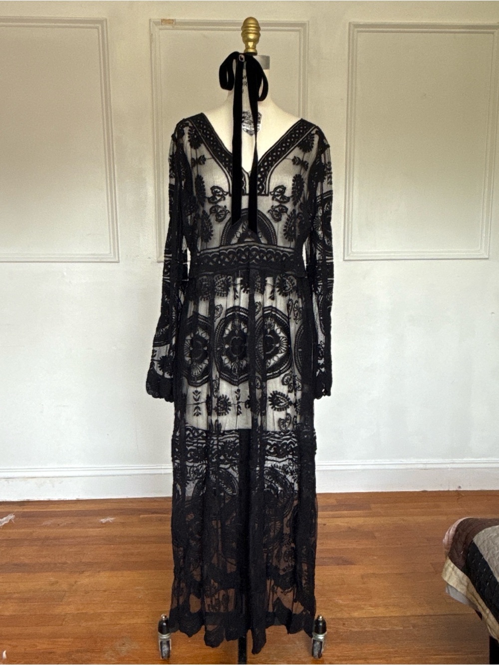Sheer Black Lace Maxi Dress with V-Neck
